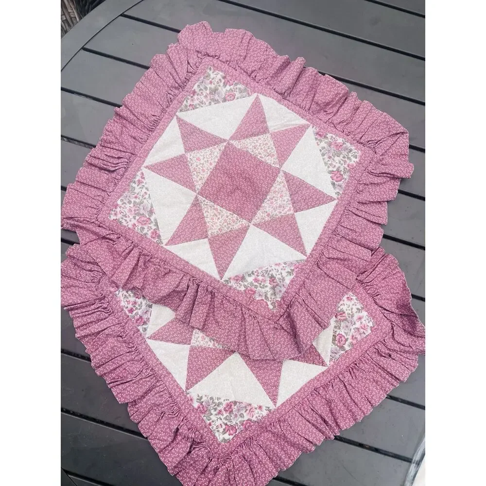 Pair 14x14” Quilt Throw Pillow Covers Shams Pink White Quilted Star Hook & Loop